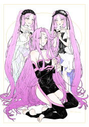 Rule 34 | 2021, 3girls, absurdly long hair, absurdres, black dress, breasts, cleavage, dated, dress, euryale (fate), euryale (third ascension) (fate), facial mark, fate/grand order, fate (series), feet, female focus, forehead, forehead mark, garter straps, highres, kneeling, long hair, matching hair/eyes, medusa (fate), medusa (rider) (fate), medusa (rider) (third ascension) (fate), multiple girls, parted bangs, pink eyes, pink hair, siblings, simple background, sisters, snrns, stheno (fate), stheno (third ascension) (fate), stirrup legwear, thighhighs, toeless legwear, toes, very long hair, white dress