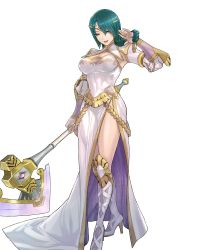 Rule 34 | 1girl, axe, battle axe, boots, braid, breasts, bridal gauntlets, circlet, dress, female focus, fire emblem, fire emblem heroes, full body, green hair, high heel boots, high heels, highres, holding, holding axe, holding weapon, jewelry, knee boots, large breasts, long sleeves, maeshima shigeki, nintendo, official art, single braid, smile, solo, standing, thighs, thorr (fire emblem), transparent background, weapon, white dress, white footwear, yellow eyes