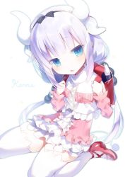 Rule 34 | 10s, 1girl, backpack, bag, beads, black bow, black hairband, blue eyes, blunt bangs, bow, capelet, character name, dragon girl, dragon horns, dragon tail, dress, flat chest, flute, hair beads, hair bow, hair ornament, hairband, horns, instrument, kanna kamui, kobayashi-san chi no maidragon, long hair, long sleeves, looking at viewer, pink footwear, randoseru, recorder, shoes, silver hair, simple background, sitting, solo, tail, thighhighs, twintails, white background, white thighhighs, yoruneko, zettai ryouiki