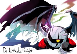Rule 34 | character name, damaged, dark meta knight, english text, gloves, highres, kirby (series), mask, nintendo, simple background, white background, wings, yellow eyes