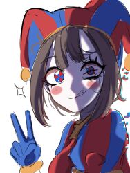 Rule 34 | 1girl, absurdres, blue eyes, blue gloves, blush stickers, brown hair, clenched teeth, commentary, dashed eyes, glitch, gloves, hand up, hat bell, highres, looking at viewer, medium hair, pomni (the amazing digital circus), red eyes, shadow, simple background, solo, striped clothes, striped headwear, teeth, the amazing digital circus, two-tone eyes, upper body, v, vertical-striped clothes, vertical-striped headwear, white background, yhs040626