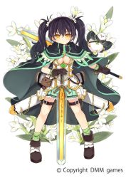 Rule 34 | 1girl, bird, black hair, breasts, cape, cleavage, dual wielding, expressionless, flower, flower knight girl, full body, gloves, green skirt, holding, kurasuke, long hair, looking at viewer, medium breasts, miniskirt, name connection, object namesake, official art, olive (flower knight girl), reverse grip, shoes, skirt, solo, standing, sword, twintails, weapon, yellow eyes