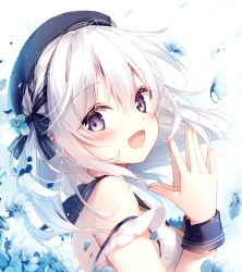 Rule 34 | 1girl, :d, bare shoulders, beret, black hat, black sailor collar, blouse, blue flower, blush, braid, breasts, commentary request, flower, from side, hair between eyes, hands up, hat, long hair, looking at viewer, looking to the side, mochizuki shiina, open mouth, original, petals, purple eyes, sailor collar, school uniform, serafuku, shirt, sleeveless, sleeveless shirt, small breasts, smile, solo, steepled fingers, upper body, white hair, white shirt, wrist cuffs