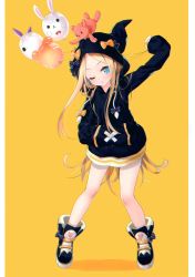 Rule 34 | 1girl, ;o, abigail williams (fate), absurdres, alternate costume, arm up, balloon, black bow, black footwear, black hoodie, blonde hair, blue eyes, blush, boots, bow, chromatic aberration, fate/grand order, fate (series), forehead, fou (fate), full body, hand in pocket, head tilt, highres, hood, hood up, hoodie, long hair, long sleeves, looking at viewer, medjed (fate), non-web source, one eye closed, orange background, orange bow, outstretched arm, parted bangs, parted lips, polka dot, polka dot bow, scan, signature, simple background, sleeves past fingers, sleeves past wrists, solo, standing, stuffed animal, stuffed toy, teddy bear, twitter username, very long hair, yano mitsuki (nanairo), yellow background