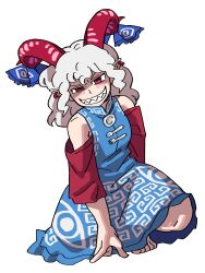 Rule 34 | 1girl, absurdres, bare shoulders, blue dress, blue ribbon, commentary, curled horns, dress, earrings, eddybird55555, full body, grey hair, grin, hair ribbon, highres, horns, jewelry, looking at viewer, meandros, medium hair, pointy ears, red eyes, red horns, red sleeves, ribbon, sharp teeth, sheep horns, simple background, smile, solo, squatting, teeth, touhou, toutetsu yuuma, white background