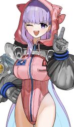 Rule 34 | 1girl, bb dubai (fate), blush, commentary request, fate/grand order, fate (series), gloves, grey gloves, highres, hood, hooded leotard, leotard, long sleeves, nyokinyoki 18, open mouth, pink leotard, purple eyes, purple hair, simple background, smile, solo, standing, teeth, upper teeth only, white background, zipper, zipper pull tab