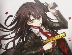 Rule 34 | 1girl, artist request, black jacket, brown hair, commentary request, cz 75, dual wielding, falling petals, finger on trigger, floating hair, girls&#039; frontline, golden gun, gun, hair between eyes, hand up, handgun, holding, holding gun, holding weapon, jacket, korean commentary, long hair, long sleeves, looking at viewer, necktie, nz75 (girls&#039; frontline), open clothes, open jacket, open mouth, petals, red necktie, rose petals, shirt, simple background, solo, third-party source, upper body, v-shaped eyebrows, weapon, white background, white shirt, yellow eyes
