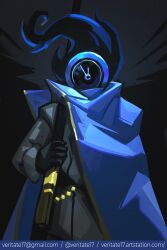 Rule 34 | 1other, absurdres, artist name, black background, black fire, black gloves, blue cloak, cloak, clock, coat, dante (limbus company), der freischuetz (project moon), e.g.o (project moon), email address, fire, gloves, gold trim, grey coat, highres, holding, holding weapon, limbus company, lobotomy corporation, long sleeves, object head, other focus, project moon, simple background, solo, veritate17, weapon