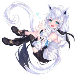 Rule 34 | 1girl, absurdres, ahoge, animal ear fluff, animal ears, black bow, black footwear, black shorts, black thighhighs, blush, bow, braid, commentary request, detached sleeves, double fox shadow puppet, earrings, fox ears, fox girl, fox shadow puppet, fox tail, green eyes, hair between eyes, hair bow, highres, hololive, hood, hoodie, jewelry, key, long hair, looking at viewer, open mouth, pentagram, shirakami fubuki, shirakami fubuki (1st costume), short shorts, shorts, sidelocks, simple background, single braid, single thighhigh, solo, tail, takahashi (34103098), thigh strap, thighhighs, very long hair, virtual youtuber, white background, white hair, white hoodie