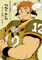 Rule 34 | 1boy, animal ears, bara, beard, blush, brown hair, facial hair, feathers, fiery horns, flexing, forked eyebrows, glowing horns, horns, jewelry, kuro nezumi inu, large pectorals, looking at viewer, male focus, muscular, native american, pectorals, rugby, rugby uniform, shirt, short sleeves, simple background, smile, solo, sportswear, sweatband, thick eyebrows, tokyo houkago summoners, upper body, wakan tanka
