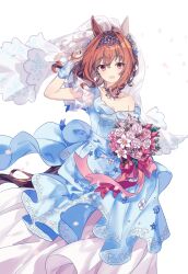 Rule 34 | 1girl, absurdres, animal ears, arm up, bare shoulders, blue dress, bouquet, breasts, bridal veil, bride, brown hair, cleavage, daiwa scarlet (something blue) (umamusume), daiwa scarlet (umamusume), dress, feet out of frame, flower, hair intakes, hand in own hair, highres, holding, holding bouquet, horse ears, horse girl, horse tail, jewelry, layered dress, long hair, looking at viewer, migolu, necklace, open mouth, petals, red eyes, small breasts, smile, solo, tail, tiara, umamusume, veil, wedding dress, white background