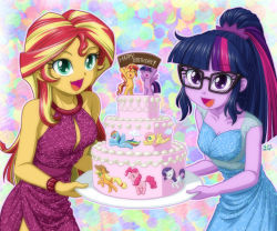 Rule 34 | 6+girls, applejack, blue dress, cake, dress, fluttershy, food, glasses, multicolored hair, multiple girls, my little pony, my little pony: equestria girls, my little pony: friendship is magic, personification, pinkie pie, ponytail, rainbow dash, rarity (my little pony), red dress, sci-twi, sunset shimmer, tagme, twilight sparkle, uotapo