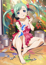 Rule 34 | 00s, 1girl, :q, apron, barefoot, blue eyes, blush, breasts, cleavage, earrings, feet, female focus, full body, green hair, hair bobbles, hair ornament, ikkitousen, jewelry, looking at viewer, magatama, magatama earrings, naked apron, paint, paint can, paint splatter, paint splatter on face, paintbrush, shokatsuryou koumei, sitting, smile, solo, swept bangs, toes, tongue, tongue out, twintails