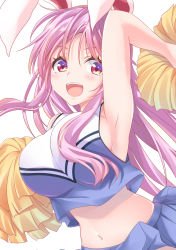 Rule 34 | 1girl, :d, alternate costume, animal ears, arm up, armpits, bad id, bad pixiv id, bare arms, bare shoulders, blue skirt, blush, breasts, cheerleader, commentary request, crop top, hair between eyes, hisae (hisae collect), holding, holding pom poms, large breasts, long hair, looking at viewer, midriff, miniskirt, navel, open mouth, pom pom (cheerleading), pom poms, purple hair, rabbit ears, red eyes, reisen udongein inaba, simple background, skirt, sleeveless, smile, solo, stomach, sweat, touhou, upper body, white background