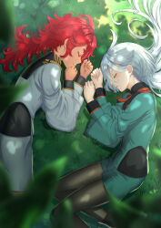 Rule 34 | 2girls, absurdres, ahoge, asticassia school uniform, black footwear, black pantyhose, boots, closed eyes, dappled sunlight, feet out of frame, from above, grass, green jacket, green shorts, grey hair, gundam, gundam suisei no majo, highres, jacket, long hair, lying, miorine rembran, multiple girls, nonoa-cg, on grass, on side, pantyhose, profile, red hair, school uniform, short shorts, shorts, sleeping, suletta mercury, sunlight, very long hair, white jacket, white shorts, yuri