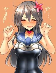 Rule 34 | 1girl, :d, ^ ^, alternate costume, bad id, bad nicoseiga id, breasts, choker, closed eyes, collarbone, cosplay, fang, female focus, flower, grey hair, hair flower, hair ornament, hairclip, haruna (kancolle), heart lock (kantai collection), highres, jewelry, kantai collection, large breasts, long hair, looking at viewer, open mouth, paw pose, ring, ro-500 (kancolle), school swimsuit, school uniform, serafuku, simple background, sketch, smile, solo, swimsuit, swimsuit under clothes, translation request, tsukui kachou, wedding band