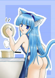 Rule 34 | 1girl, :d, animal ears, apron, ass, backboob, blue background, blue eyes, blue hair, blunt bangs, breasts, hairband, long hair, looking at viewer, looking back, matching hair/eyes, naked apron, nipple slip, nipples, open mouth, rice, rice cooker, sideboob, simple background, smile, solo, tail