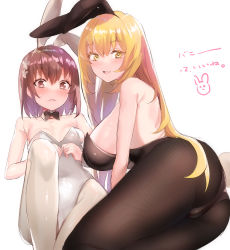 Rule 34 | 2girls, :d, absurdres, animal ears, arm support, ass, bishooji, black bow, black legwear, black leotard, blonde hair, blush, bow, breasts, bright pupils, brown hair, closed mouth, detached collar, embarrassed, fake animal ears, highres, knee up, large breasts, leotard, long hair, looking at viewer, lying, misaka mikoto, multiple girls, on side, open mouth, pantyhose, playboy bunny, rabbit ears, shokuhou misaki, short hair, sideboob, signature, sitting, small breasts, smile, sparkle, sparkling eyes, toaru kagaku no railgun, toaru majutsu no index, toaru majutsu no index gaiden: toaru kagaku no mental out, white background, white legwear, white leotard, yellow pupils