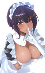 Rule 34 | 1girl, absurdres, apron, black hair, blush, breast focus, breasts, cleavage, dark-skinned female, dark skin, detached collar, elbow gloves, female focus, finger to mouth, frilled apron, frills, gloves, highres, large breasts, lilith (saikin yatotta maid ga ayashii), lips, looking at another, maid, maid apron, maid headdress, mole, mole on breast, mole under eye, puffy short sleeves, puffy sleeves, purple eyes, saikin yatotta maid ga ayashii, short hair, short hair with long locks, short sleeves, shushing, smile, so shio, solo, white apron, white gloves, white headdress
