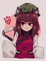 Rule 34 | 1girl, animal ears, blunt bangs, breasts, brown hair, cat ears, cat tail, chen, closed mouth, dress, earrings, foul detective satori, green hat, hat, heart, heart tail, highres, jewelry, long sleeves, looking at viewer, medium hair, mob cap, multiple tails, paw print, red dress, red eyes, shirt, simple background, single earring, small breasts, smile, solo, tail, touhou, two tails, upper body, white background, white shirt, yatsuga (kouahey dierci)