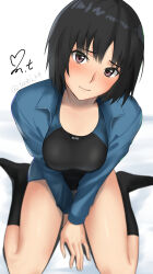 Rule 34 | 1girl, amagami, arms between legs, artist name, bed sheet, black hair, black one-piece swimsuit, black socks, blue one-piece swimsuit, blue shirt, blurry, blush, breasts, breasts squeezed together, brown eyes, commentary, competition swimsuit, depth of field, from above, head tilt, highres, kneehighs, long sleeves, looking at viewer, looking up, medium breasts, nanasaki ai, nose blush, on bed, one-piece swimsuit, open clothes, open shirt, raised eyebrows, shirt, short hair, signature, sitting, socks, solo, swimsuit, swimsuit under clothes, twitter username, two-tone one-piece swimsuit, v arms, wariza, yoo tenchi