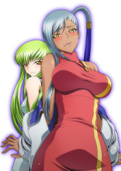 Rule 34 | 2girls, breasts, c.c., code geass, commentary request, dark-skinned female, dark skin, green hair, highres, kaname aomame, lipstick, long hair, looking at viewer, looking back, makeup, multiple girls, ponytail, shiny skin, silver hair, simple background, smile, sweat, undressing, villetta nu, whistle, white background, yellow eyes