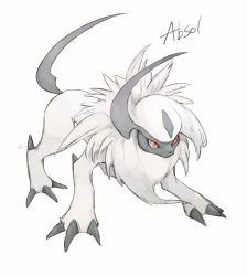 absol character_name claws closed_mouth commentary_request creatures_(company) full_body game_freak gen_3_pokemon nigiri_(ngr24) nintendo no_humans pokemon pokemon_(creature) red_eyes signature simple_background solo white_background white_fur