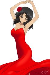 Rule 34 | 1girl, armpits, arms up, artist name, black eyes, black hair, breasts, bukkuri, cleavage, closed mouth, commentary, dancing, dark skin, dark-skinned female, dated, dress, el (girls und panzer), flower, girls und panzer, hair flower, hair intakes, hair ornament, half-closed eyes, head tilt, highres, large breasts, long dress, long hair, looking at viewer, red dress, red flower, red rose, rose, signature, simple background, smile, solo, standing, strapless, strapless dress, white background