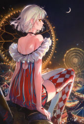 Rule 34 | 1girl, amusement park, android, argyle, argyle clothes, argyle legwear, arm support, asymmetrical legwear, back, barcode, barcode tattoo, bare shoulders, closed mouth, crescent moon, dress, facepaint, ferris wheel, floating hair, from behind, highres, hoojiro, light particles, looking at viewer, mismatched legwear, mole, moon, night, off-shoulder dress, off shoulder, original, outdoors, red footwear, red thighhighs, shoes, shoulder blades, sidelocks, signature, sitting, skindentation, sky, smile, solo, star (sky), starry sky, tattoo, thighhighs, white hair, white thighhighs, wind, yellow eyes