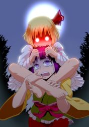 Rule 34 | 2girls, barefoot, biting, blonde hair, carrying, feet, feet together, feet up, female focus, flower, foot focus, holding with feet, glowing, glowing eyes, hair flower, hair ornament, hair ribbon, hands on feet, head biting, hieda no akyuu, highres, holding another&#039;s foot, iromeki overdrive, japanese clothes, multiple girls, nail polish, open mouth, purple eyes, purple hair, red eyes, ribbon, rumia, sharp teeth, short hair, shoulder carry, soles, spread toes, tears, teeth, toe-point, toe scrunch, toenail polish, toenails, toes, touhou