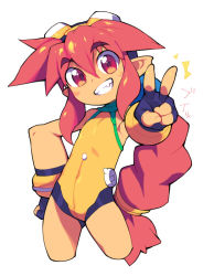 Rule 34 | 1girl, black gloves, covered navel, cropped legs, fingerless gloves, flat chest, gloves, goggles, goggles on head, hand on own hip, korone (metata), long hair, looking at viewer, metata, one-piece swimsuit, original, parted lips, pink hair, pointy ears, ponytail, red eyes, simple background, smile, solo, swimsuit, v, very long hair, white background, yellow one-piece swimsuit