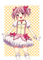 Rule 34 | 10s, 1girl, bad id, bad pixiv id, bloomers, blush, bow, checkered background, choker, dress, gloves, hair bow, kaname madoka, magical girl, mahou shoujo madoka magica, mahou shoujo madoka magica (anime), open mouth, outstretched arms, pink eyes, pink hair, short hair, short twintails, smile, solo, spread arms, tottoto tomekichi, twintails, underwear