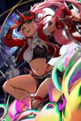 1girl absurdres artist_name asymmetrical_sleeves baseball_cap belt black_hat black_shorts black_visor breasts crop_top fishnet_top fishnets graffiti green_eyes hat hat_horns highres holding holding_shuriken holding_weapon honkai:_star_rail honkai_(series) horned_hat jacket long_hair looking_at_viewer m3ru midriff navel pink_hair ponytail rappa_(honkai:_star_rail) red_arm_warmers red_jacket shirt shorts shuriken smile spray_can thighs tied_shirt uneven_sleeves very_long_hair weapon white_belt white_shirt wrist_belt