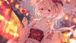 Rule 34 | 1girl, azur lane, blurry, blurry background, candy apple, evening, festival, floral print, flower, food, hair flower, hair ornament, holding, japanese clothes, juno (azur lane), juno (fairly flavourful festival) (azur lane), kimono, kyouya0514, lights, long hair, long sleeves, looking at viewer, official alternate costume, open mouth, pink hair, pink kimono, pink nails, ponytail, purple eyes, red flower, side ponytail, smile, solo, summer festival, tree, upper body, wide sleeves, yukata