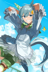 Rule 34 | 1girl, absurdres, aircraft, airplane, animal ears, aqua eyes, aqua hair, arms behind head, arms up, blue sky, bug, butterfly, center frills, choker, cloud, commentary request, contrail, dress, dutch angle, ear covers, flower, foot out of frame, frilled dress, frills, green shorts, grin, hair flower, hair ornament, half-closed eyes, high heels, highres, horse ears, horse girl, horse tail, insect, looking at viewer, outdoors, railing, seiun sky (umamusume), short dress, short hair, short sleeves, shorts, single ear cover, single thighhigh, sky, smile, solo, standing, standing on one leg, su ke234, tail, thigh strap, thighhighs, umamusume, v-shaped eyebrows, white dress, white thighhighs, yellow flower