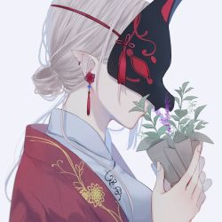 Rule 34 | 1girl, bouquet, breasts, chinese clothes, coat, covered eyes, covered mouth, earrings, embroidery, fingernails, floral print, flower, flower earrings, flower over mouth, fox mask, from side, grey background, hair bun, hair strand, highres, holding, jewelry, long hair, mask, original, pointy ears, portrait, profile, purple flower, red coat, red flower, red theme, silver hair, simple background, single hair bun, smelling flower, solo, tassel, tassel earrings, tsuki mitsu, wrapper