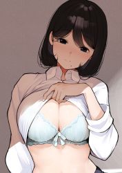 Rule 34 | 1girl, absurdres, black eyes, black hair, blue bra, blush, bra, breasts, cleavage, closed mouth, clothes lift, collared shirt, copyright request, hand up, head tilt, highres, koruse, large breasts, lifted by self, long sleeves, looking at viewer, mole, mole under mouth, shirt, shirt lift, short hair, smile, solo, stomach, underwear, upper body, white shirt