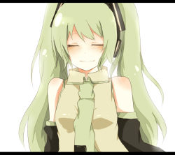 Rule 34 | 1girl, bad id, bad pixiv id, closed eyes, detached sleeves, female focus, green hair, hatsune miku, letterboxed, long hair, mono (recall), necktie, simple background, smile, solo, twintails, vocaloid, white background