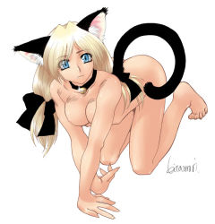 Rule 34 | animal ears, barefoot, bell, blonde hair, blue eyes, bow, breasts, cat ears, collar, fang, long hair, no panties, nude, ribbon, twintails