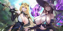 Rule 34 | 2girls, aloe (pride of eden), blonde hair, blush, breasts, character request, cleavage, detached sleeves, dress, hair between eyes, hat, headpiece, highres, huge breasts, long hair, looking at viewer, multiple girls, outdoors, parted lips, pink eyes, purple dress, purple eyes, purple hair, red: pride of eden, smile, staff, sword, upper body, weapon, witch, witch hat, xiujia yihuizi