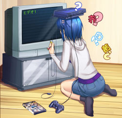 Rule 34 | 1girl, blue hair, cable, game console, kurogane otome, lowres, object on head, parody, pencil skirt, playing games, playstation 2, product placement, rca connector, short hair, skirt, socks, solo, television, translated, tsuyokiss, video game, what