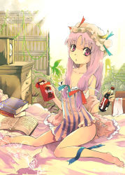 Rule 34 | 1girl, bad leg, bare legs, barefoot, bed, bedroom, book, bookshelf, bottle, bow, brand name imitation, breasts, cleavage, coca-cola, crescent, dress, artistic error, female focus, food, hair bow, hat, indoors, long hair, patchouli knowledge, pocky, purple eyes, purple hair, room, sitting, small breasts, solo, strap slip, touhou, yuu (kfc)