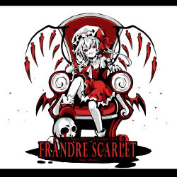 Rule 34 | 1girl, ascot, breasts, chair, character name, collared shirt, copyright name, crystal, embodiment of scarlet devil, english text, engrish text, flandre scarlet, frilled shirt collar, frilled skirt, frills, full body, hair between eyes, hand in own hair, hat, head tilt, letterboxed, looking at viewer, medium hair, mob cap, on chair, one side up, open mouth, puffy short sleeves, puffy sleeves, ranguage, red eyes, red footwear, red skirt, red vest, sanamisa, shirt, shoes, short sleeves, simple background, sitting, skirt, skirt set, skull, small breasts, socks, solo, spot color, touhou, vest, white background, white hat, white shirt, white socks, wings, wrist cuffs