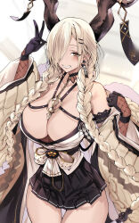 Rule 34 | 1girl, absurdres, azur lane, bare shoulders, black gloves, black skirt, blonde hair, braid, breasts, brown horns, cleavage, commentary request, cowboy shot, earrings, elbow gloves, fishnet gloves, fishnets, gloves, grin, hair over one eye, half gloves, highres, horn ornament, horns, huge breasts, jewelry, large horns, long hair, long sleeves, looking at viewer, low twin braids, microskirt, mole, mole under mouth, owari (azur lane), pleated skirt, shiosato jun, simple background, skirt, smile, solo, thigh gap, twin braids, very long hair, wide sleeves, yellow eyes
