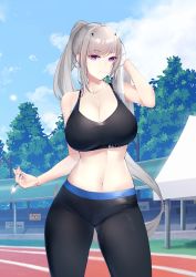 Rule 34 | 1girl, absurdres, bare shoulders, blue eyes, breasts, bright pupils, cleavage, collarbone, contrapposto, counter:side, cowboy shot, grey hair, hand on own head, highres, kruup, large breasts, leggings, light smile, long hair, looking at viewer, navel, outdoors, pants, ponytail, purple eyes, seo yoon, sidelocks, solo, sports bra, sportswear, sweat, tight clothes, tight pants, towel, track and field, very long hair, wiping sweat