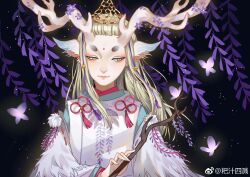 Rule 34 | 1boy, animal ears, antlers, bajiang, black background, blonde hair, bug, butterfly, chinese clothes, dated, facial mark, flower, forehead mark, hair ribbon, holding, holding stick, horns, insect, long hair, male focus, onmyoji, purple butterfly, ribbon, shishio (onmyoji), stick, thick eyebrows, upper body, watermark, wisteria, yellow eyes