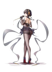 Rule 34 | 1girl, absurdres, arm behind back, ass, back, backless dress, backless outfit, bare shoulders, black footwear, black hair, black pantyhose, black ribbon, blood, bloody weapon, bodystocking, braid, braided bun, closed mouth, dagger, detached sleeves, dress, dual wielding, elbow gloves, floating hair, from behind, full body, gloves, hair bun, hand up, hd-hlh-3h, high heels, highres, holding, holding dagger, holding knife, holding weapon, knife, looking at viewer, looking back, louboutins, neck garter, panties, panties under pantyhose, pantyhose, pink panties, pumps, red eyes, ribbon, see-through, see-through sleeves, shoes, sidelocks, simple background, single hair bun, solo, spy x family, stiletto (weapon), stiletto heels, thong, underwear, weapon, white background, yor briar