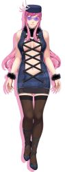 Rule 34 | 1girl, aqua eyes, bare shoulders, blush, breasts, cleavage cutout, closed game, clothing cutout, cowboy shot, dress, full body, glasses, hat, highres, lacey mallett, long hair, looking at viewer, no bra, pink hair, sei shoujo, simple background, smile, solo, standing, thighhighs, white background, wristband, zettai ryouiki