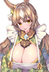 Rule 34 | 1girl, alternate breast size, animal ears, breasts, brown eyes, brown hair, cleavage, cleavage cutout, clothing cutout, commentary request, highres, hikotou (sao73cat), horse ears, horse girl, huge breasts, long hair, looking at viewer, maid, multicolored hair, satono diamond (umamusume), simple background, solo, streaked hair, tongue, tongue out, umamusume, upper body, wa maid, white background, white hair