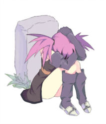 Rule 34 | 00s, 1girl, bare shoulders, belt, boots, elbow gloves, gloves, grave, knee boots, lowres, pink hair, presea combatir, sad, silvis, silvis (pixiv), sitting, solo, tales of (series), tales of symphonia, tombstone, twintails
